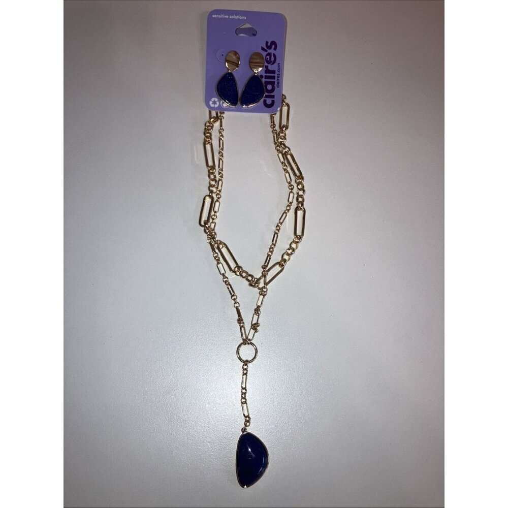 Claire’s Gold Double Necklace Pendant & Earrings Set New